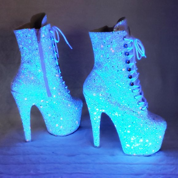 UV White Glow In The Dark Glitter 7" Platform Heel Ankle Boots Adore 1020uvlg - Picture 7 of 16